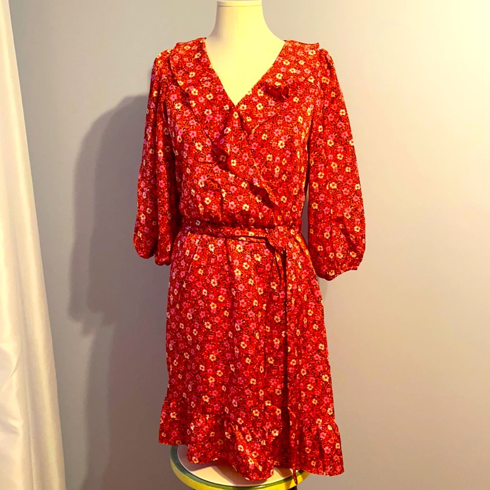 NEW ANN TAYLOR FLORAL RUFFLE BELTED FLARE DRESS
